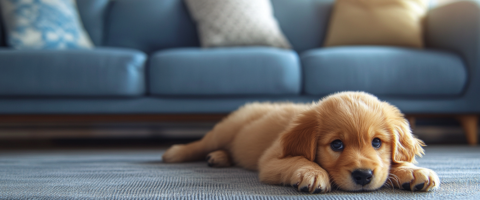 Golden retriever puppy sitting on rug